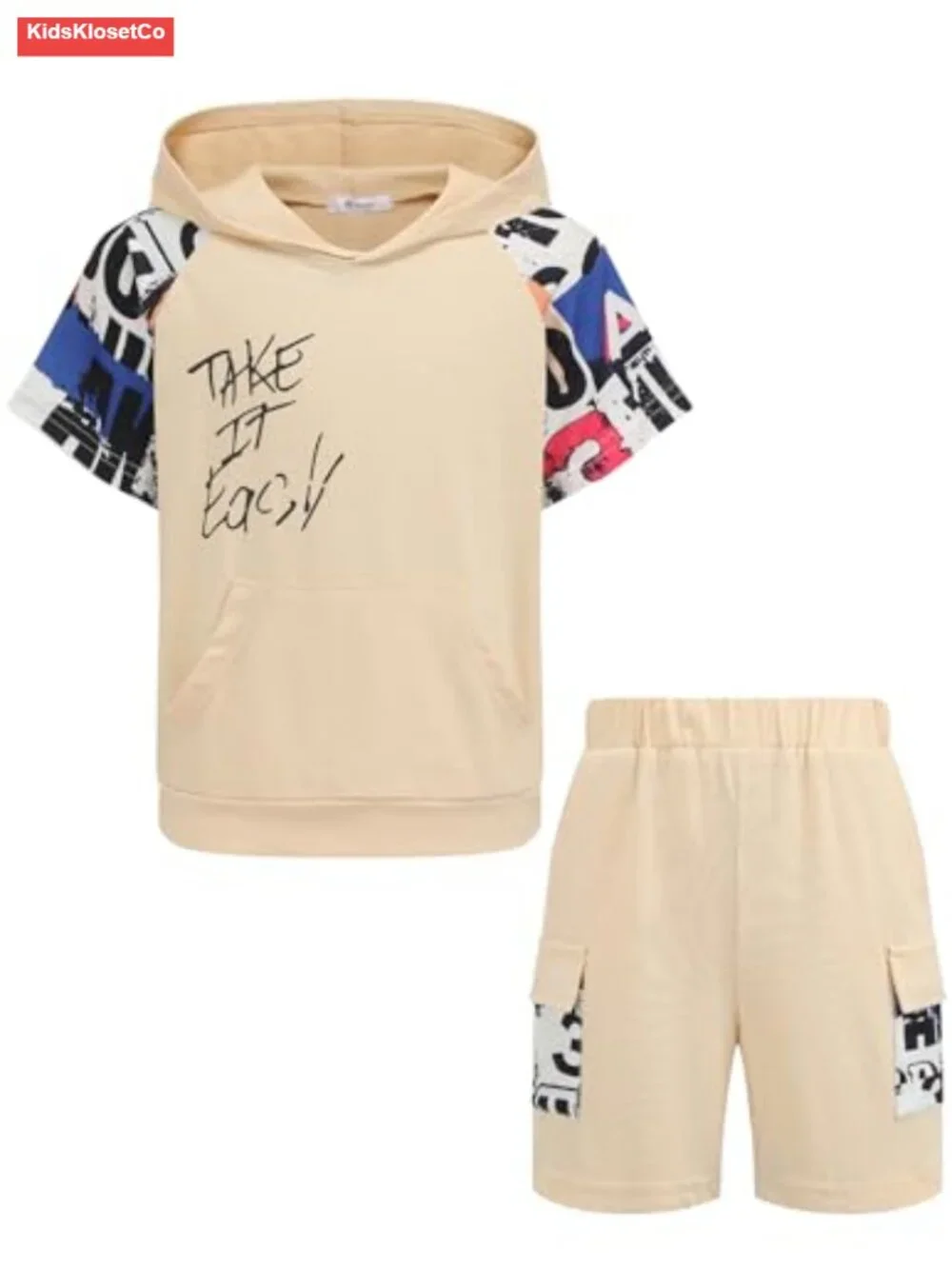 Boys Letter Graphic Short Sleeve Hoodie and Shorts Set 5-12 Years